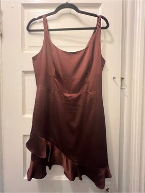 Le Lis Maroon Satin Ruffle-Hem Mini Dress in Mahogany